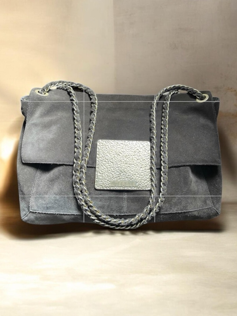 Uterque | Oversized Olive-Brown Suede Chain Slouchy Baguette Style Shoulder Bag